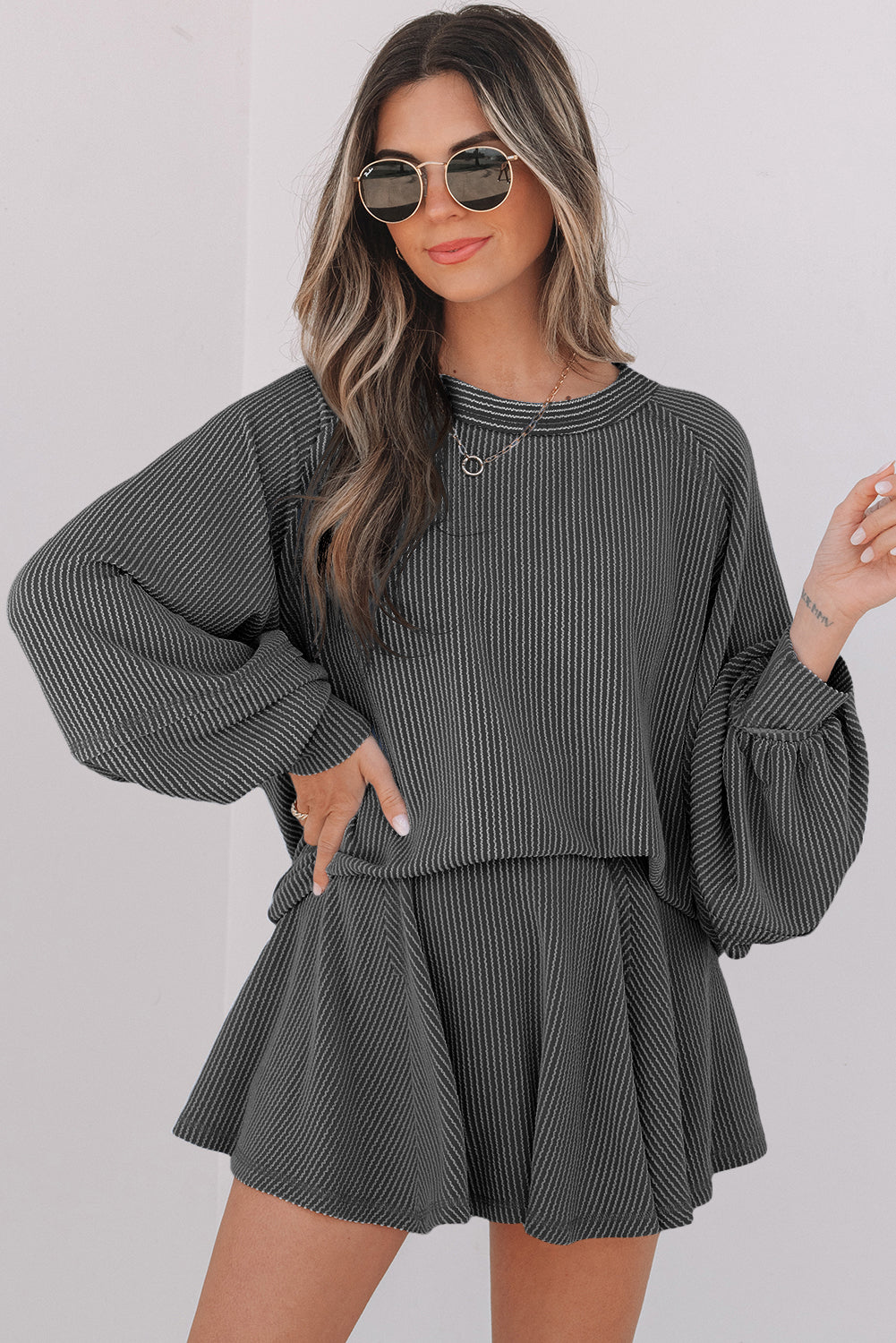 Sky Blue Corded Lantern Sleeve Top High Waist Ruffled Mini Skort Set - Snoopy's Closet
