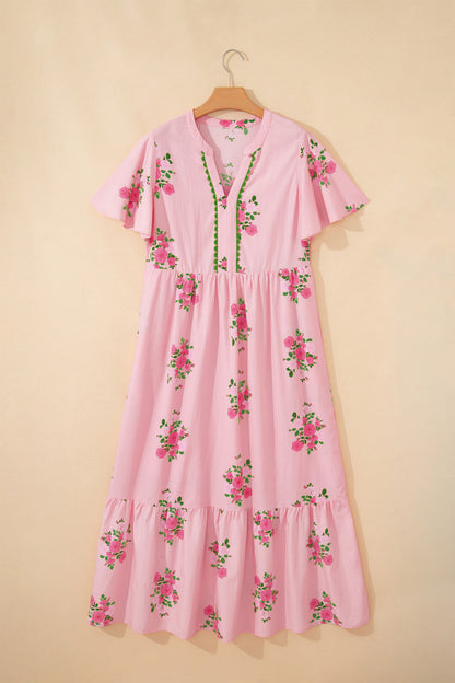 Pink Notched Neck Flutter Short Sleeve Floral Print Maxi Dress - Snoopy's Closet