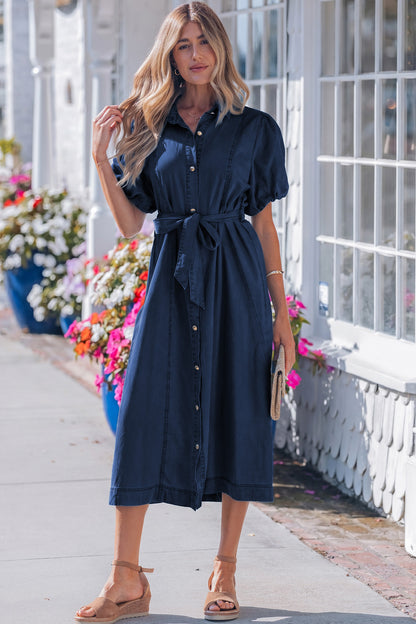 Sail Blue Full Buttons Collared Short Bubble Sleeve Long Denim Dress - Snoopy's Closet