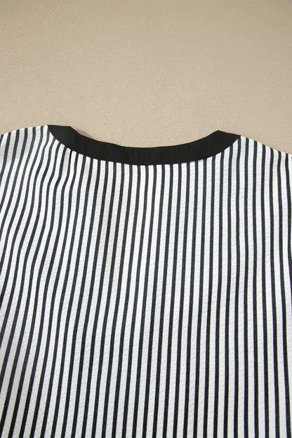 Black Stripe Plus Size Slit V Neck Tiered Flutter Sleeve Maxi Dress