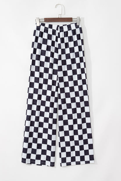 Pantalones anchos de cintura alta con estampado a cuadros de dos tonos negros