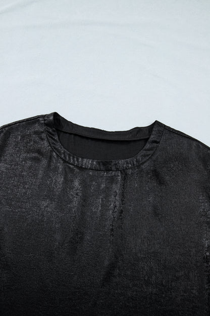 Black Metallic Round Neck Cap Sleeve Tee - Snoopy's Closet