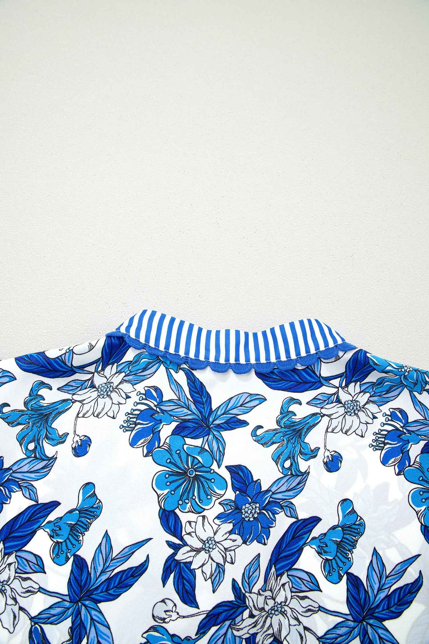 Sky Blue Floral Print Striped Patchwork Long Flounce Sleeve Ricrac Trim V Neck Blouse