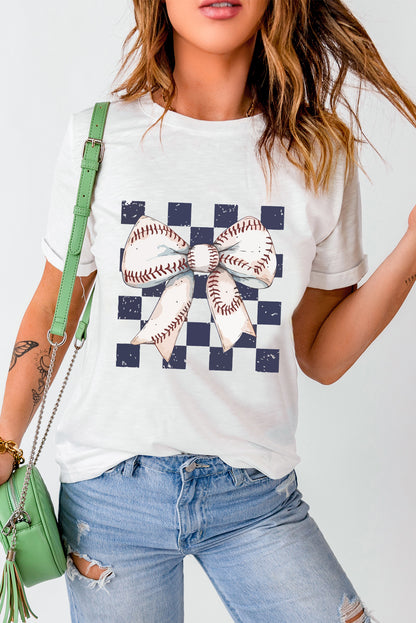 Camiseta de cuello redondo con lazo y estampado a cuadros blancos estilo rugby
