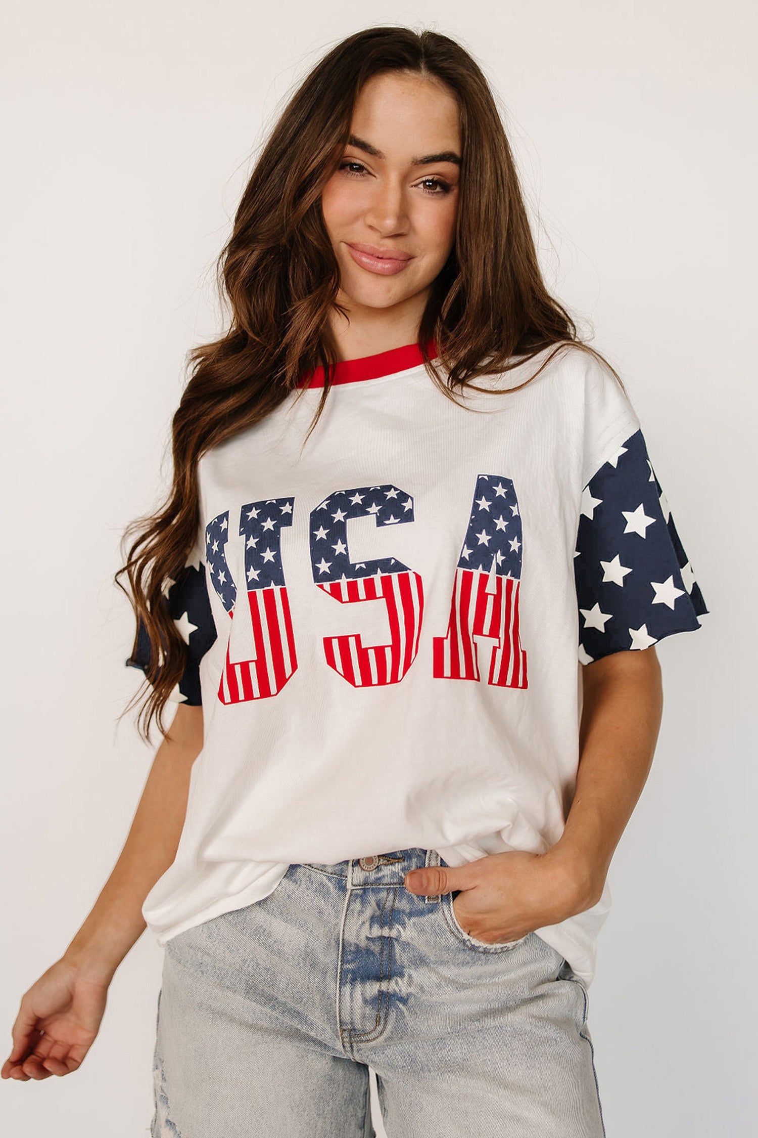 Jet Stream Flag Print USA Graphic Patchwork Casual Tee