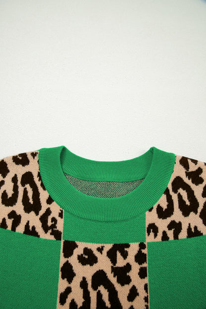 Suéter de punto de manga corta con estampado a cuadros de leopardo verde
