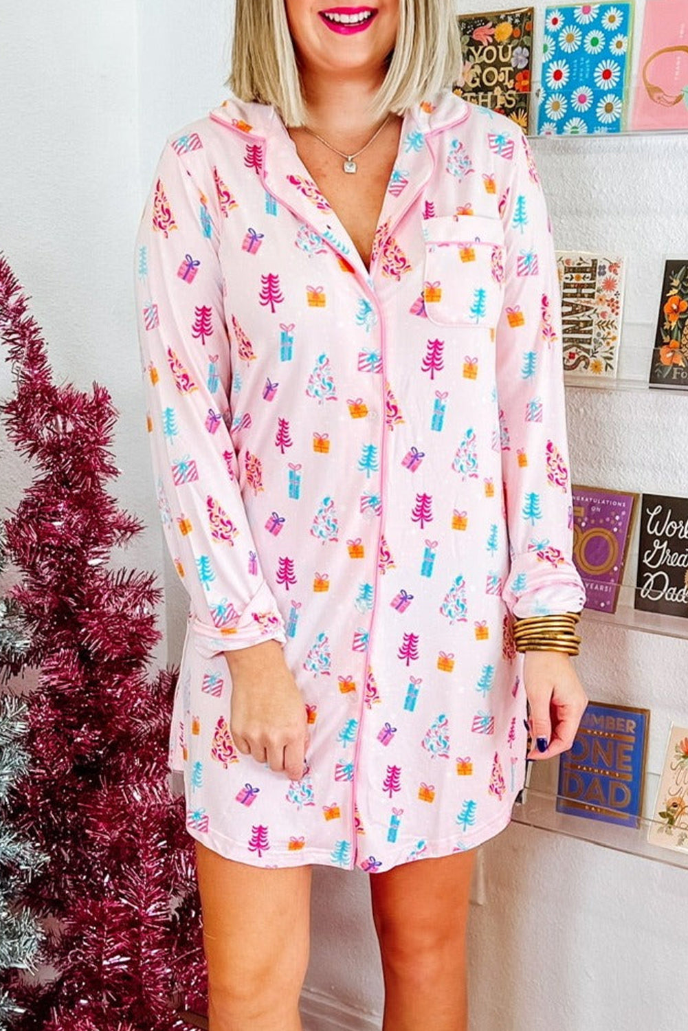 Pink Christmas Twinkle Tree Print Shirt Sleep Dress - Snoopy's Closet