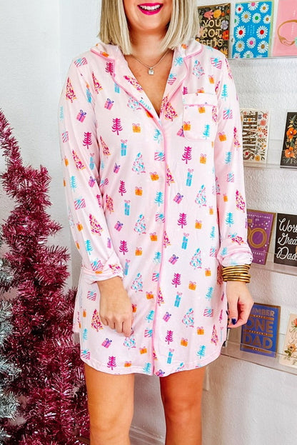 Pink Christmas Twinkle Tree Print Shirt Sleep Dress - Snoopy's Closet