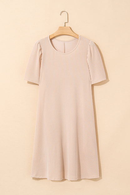 Parchment Corded Knit Crew Neck Puff Sleeve Shift Mini Dress - Snoopy's Closet