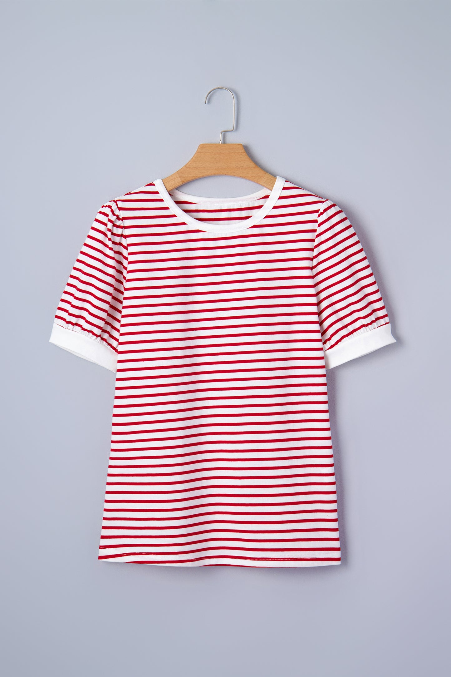 Red Stripe Contrast Trim Round Neck Short Puff Sleeve T Shirt - Snoopy's Closet