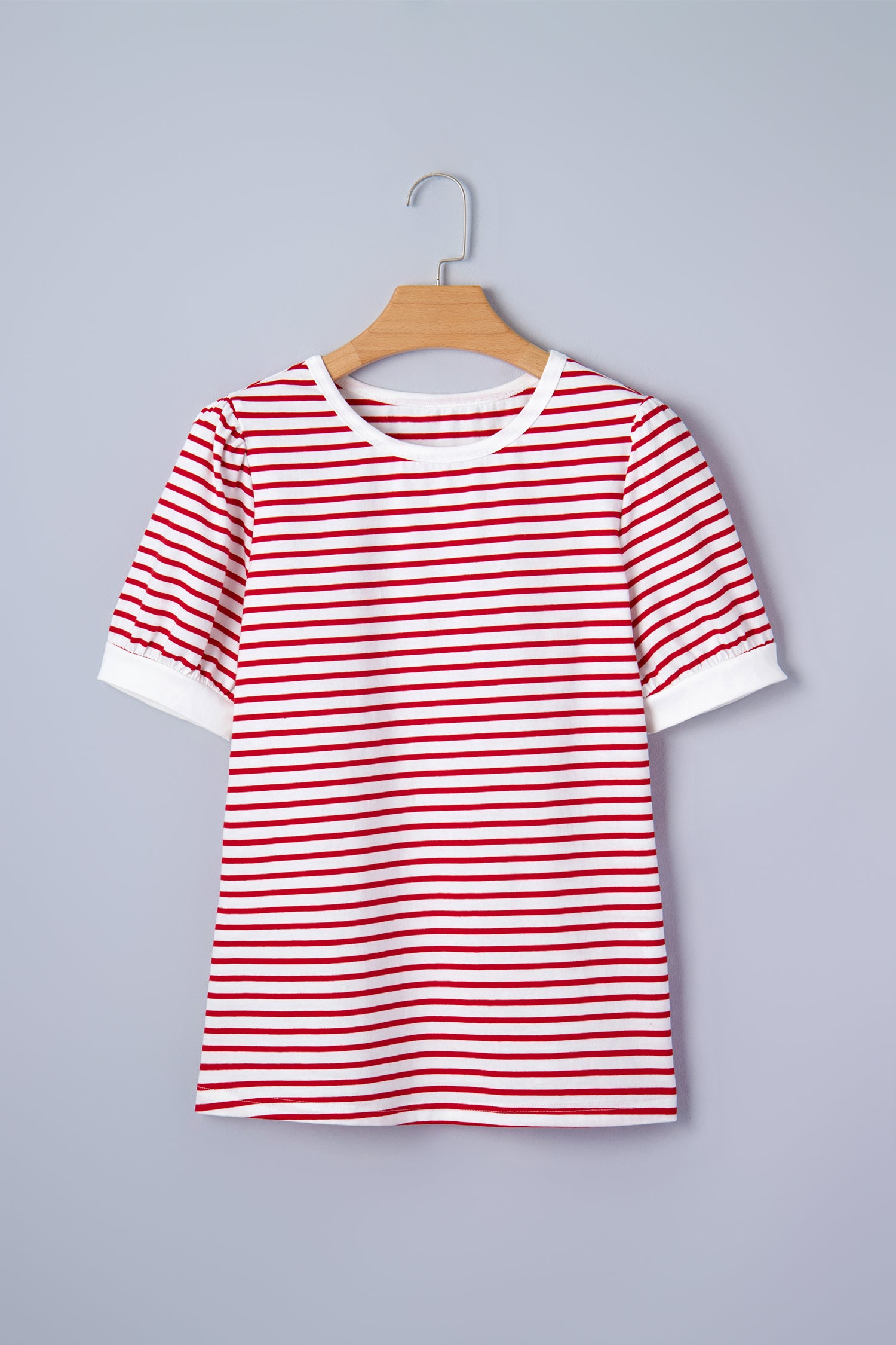 Red Stripe Contrast Trim Round Neck Short Puff Sleeve T Shirt - Snoopy's Closet