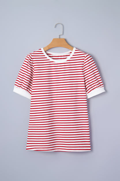Red Stripe Contrast Trim Round Neck Short Puff Sleeve T Shirt - Snoopy's Closet