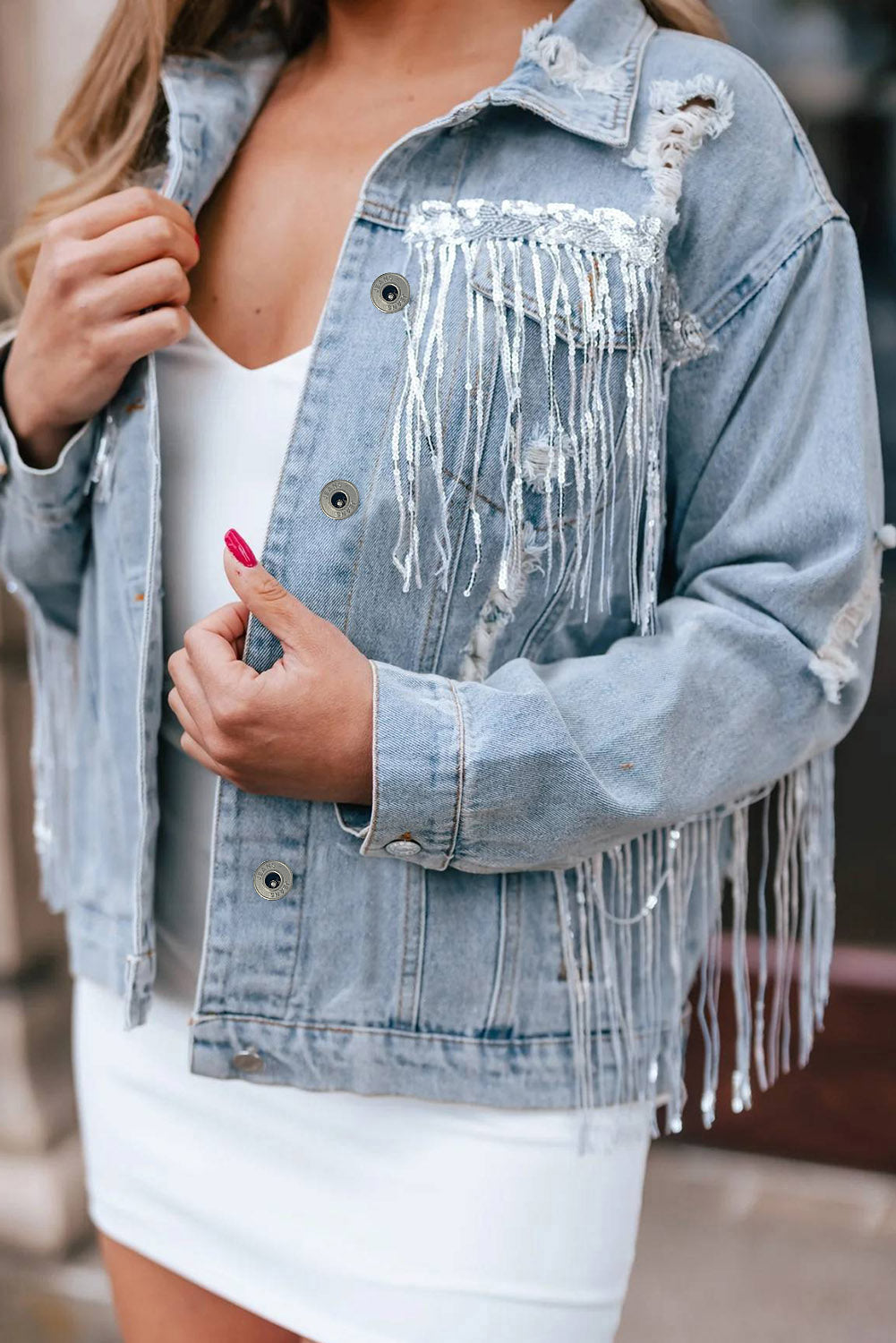 Sky Blue Sequin Embellished Fringe Distressed Denim Jacket - Snoopy's Closet