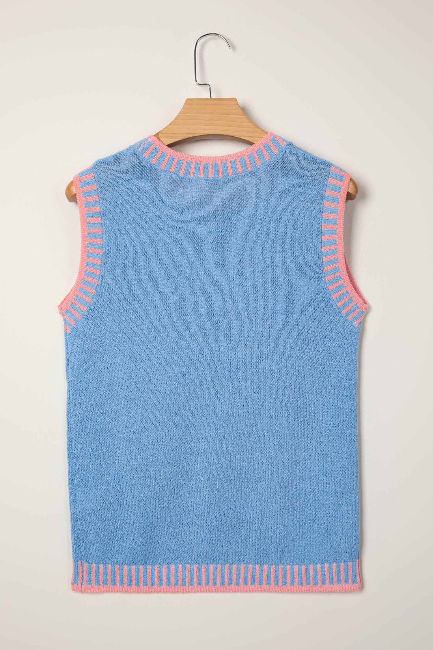 Sky Blue Contrast Trim Round Neck Sleeveless Sweater - Snoopy's Closet
