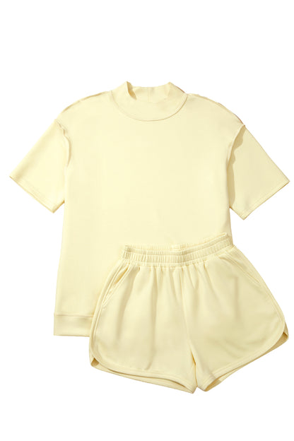 Moonlight Jade Solid Color Exposed Seam Mock Neck Oversize Tee Casual Shorts 2pcs Outfit - Snoopy's Closet