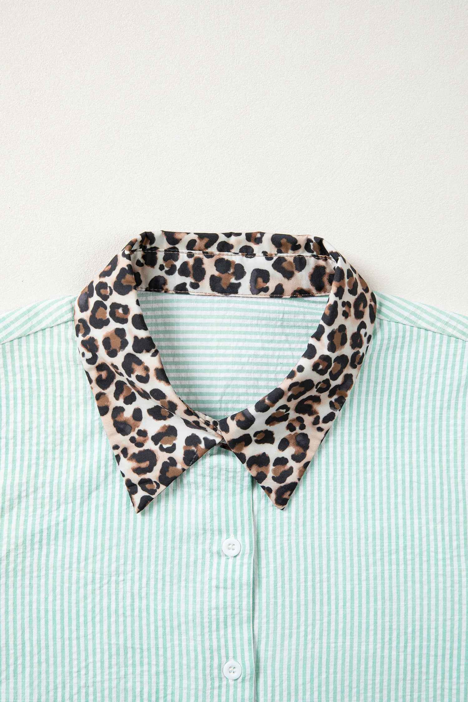 Green Stripe Leopard Contrast Collar Short Sleeve Shirt