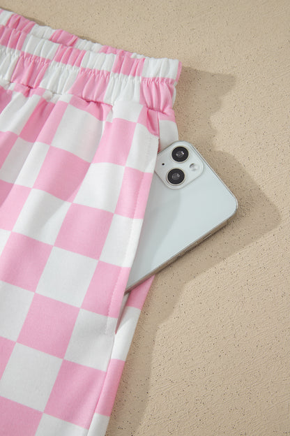 Pink Checkered Print Color Block Trim Mock Neck Short Set - Snoopy's Closet