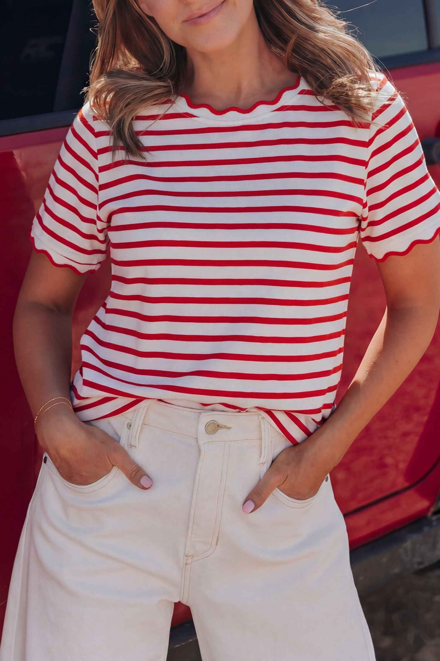 Green Stripe Scalloped Trim Round Neck T Shirt