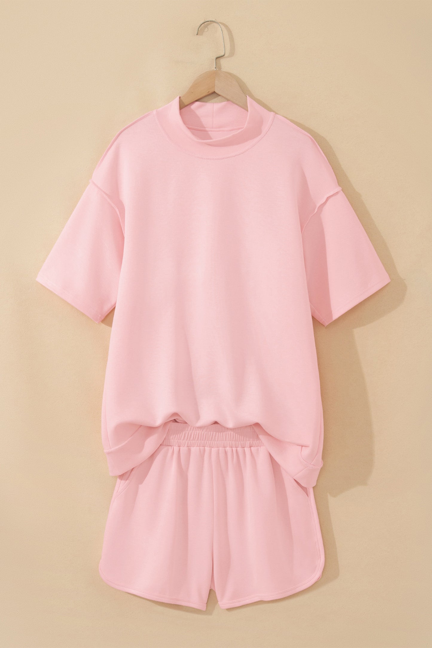 Moonlight Jade Solid Color Exposed Seam Mock Neck Oversize Tee Casual Shorts 2pcs Outfit - Snoopy's Closet