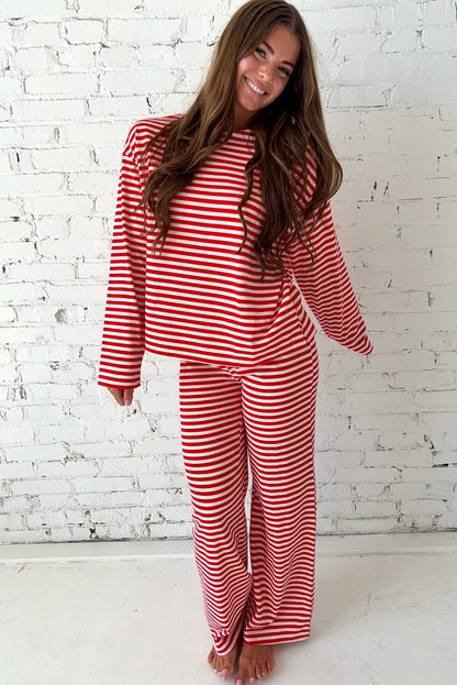 Red Stripe Drop Shoulder Long Sleeve Top Lounge Pants 2pcs Set - Snoopy's Closet