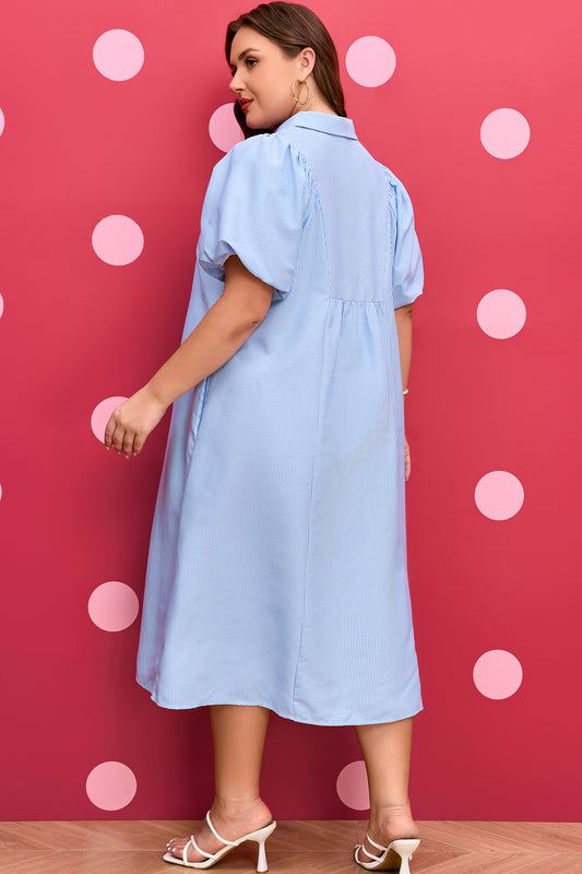 Sky Blue Stripe Shirred Detail Collar V Neck Plus Size Midi Dress