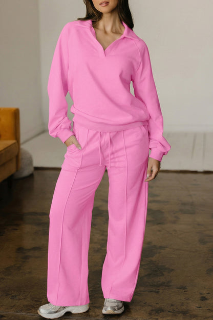 Bright Pink Polo Collar V Neck Pullover and Drawstring Sweatpants Set - Snoopy's Closet