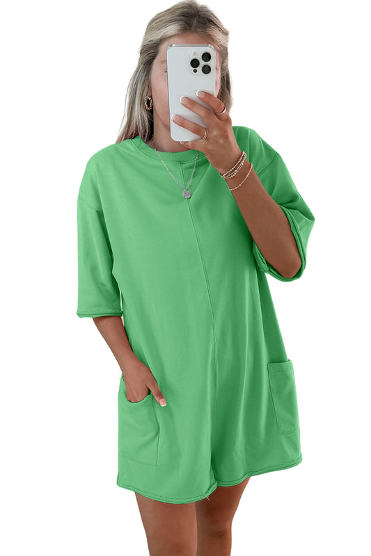Romper suelto con bolsillo, color verde brillante, borde sin dobladillo, media manga