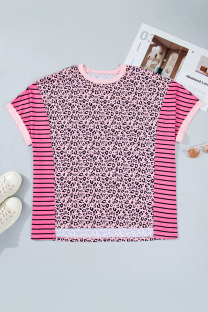 Pink Leopard Striped Contrast Patchwork Plus Size Tee