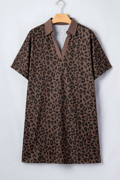 Brown Leopard Print Contrast Collar V-Neck Mini Dress