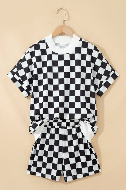 Pink Checkered Print Color Block Trim Mock Neck Short Set - Snoopy's Closet