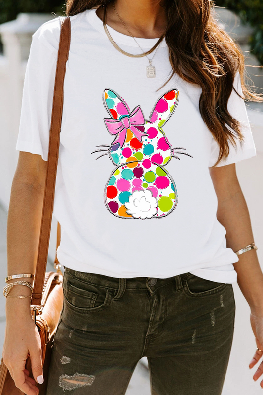 Camiseta de moda de Pascua con estampado de conejo con lazo de lunares blancos y cuello redondo