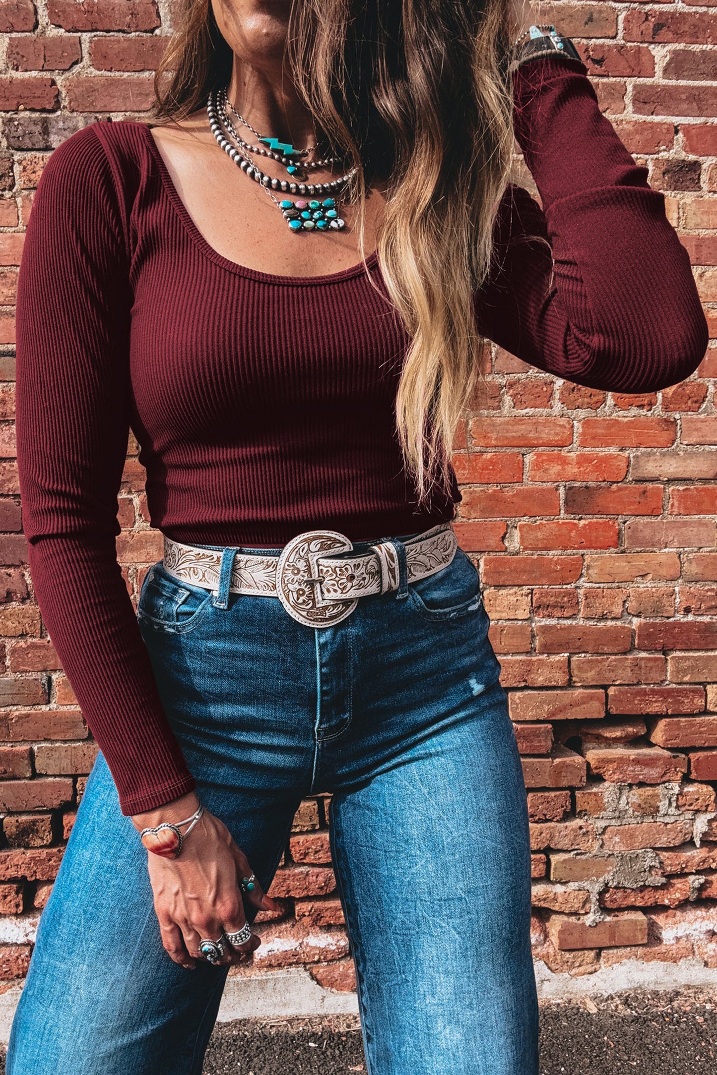 Coffee Ribbed Solid Color U Neck Cropped Long Sleeve Top - Snoopy's Closet