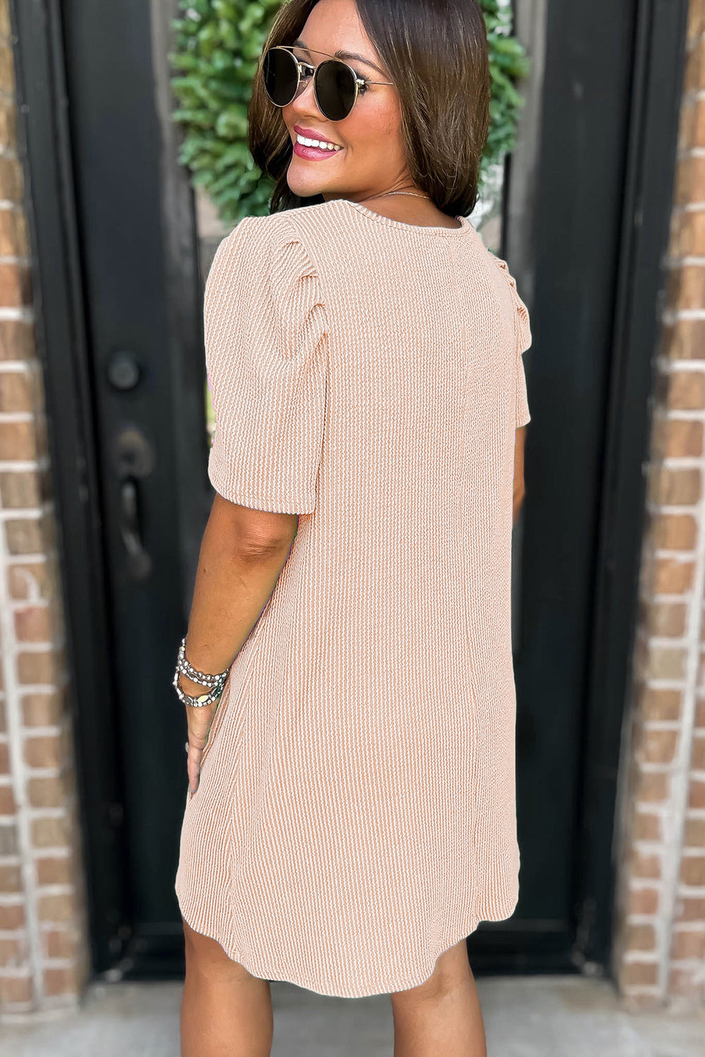 Parchment Corded Knit Crew Neck Puff Sleeve Shift Mini Dress - Snoopy's Closet