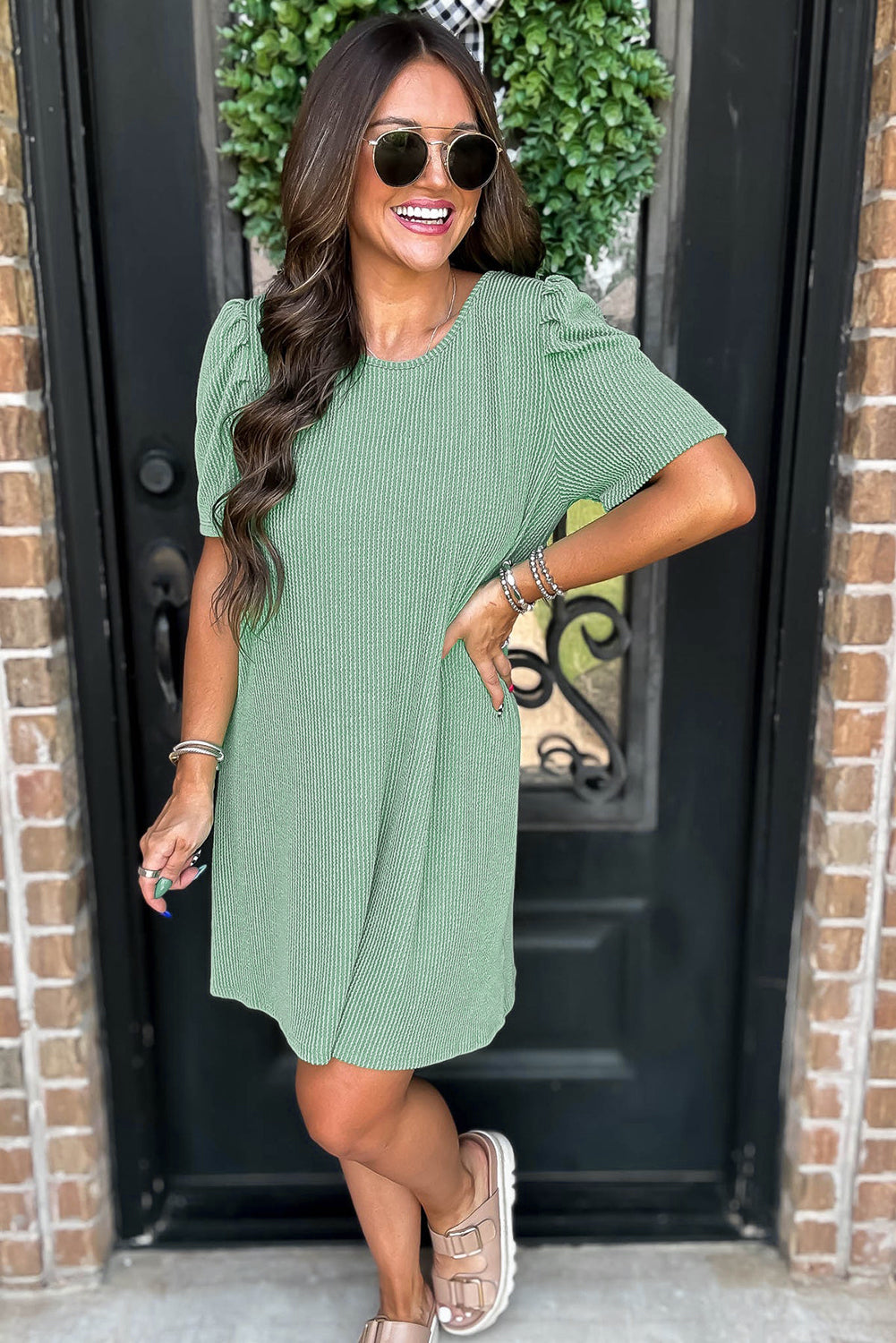 Mint Green Corded Knit Crew Neck Puff Sleeve Shift Mini Dress - Snoopy's Closet