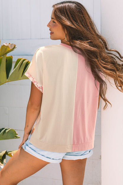 Apricot Color Block Flower Patched Loose T Shirt - Snoopy's Closet