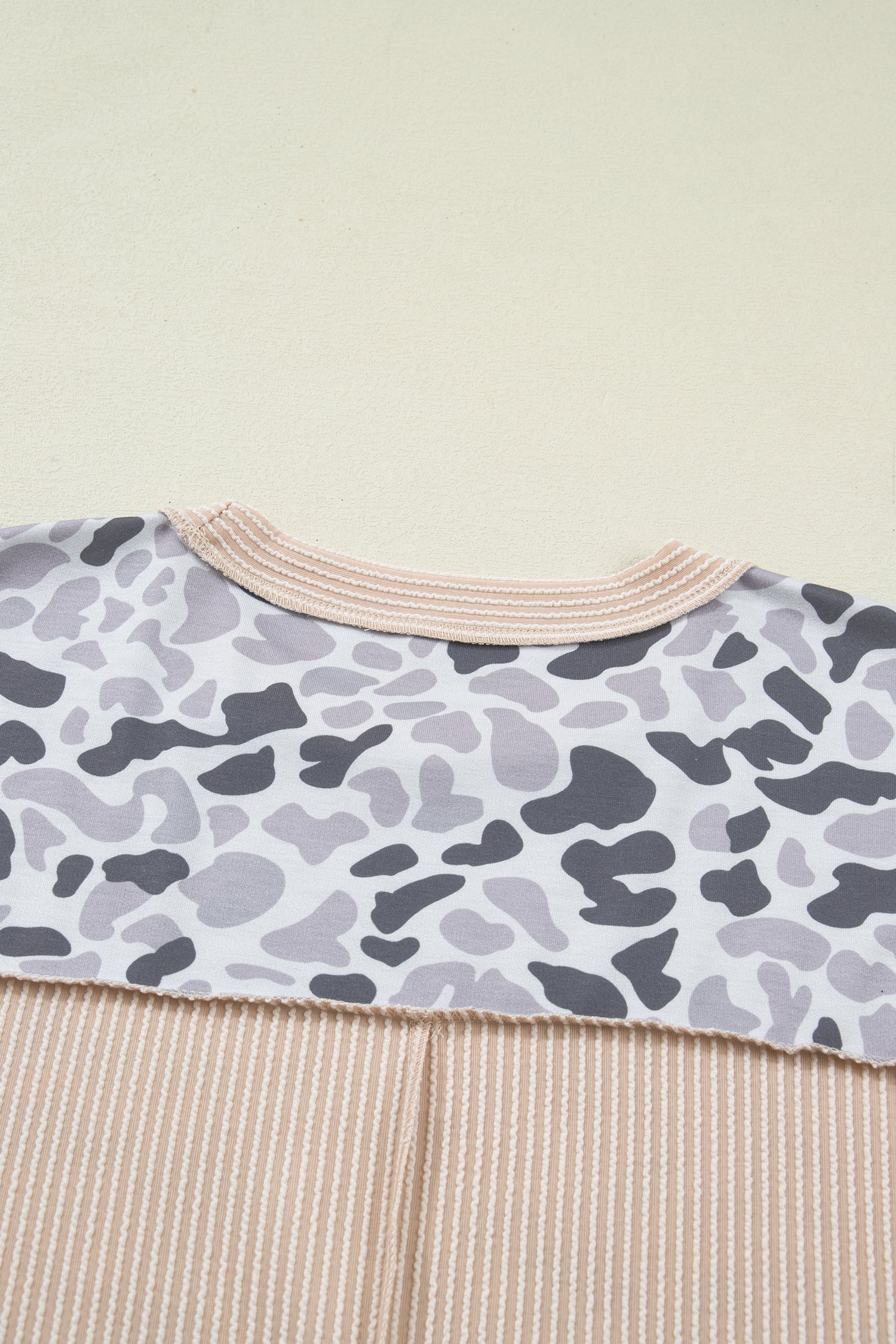 Gray Camouflage Print Twisted Ribbed Patchwork Casual T Shirt - Snoopy's Closet