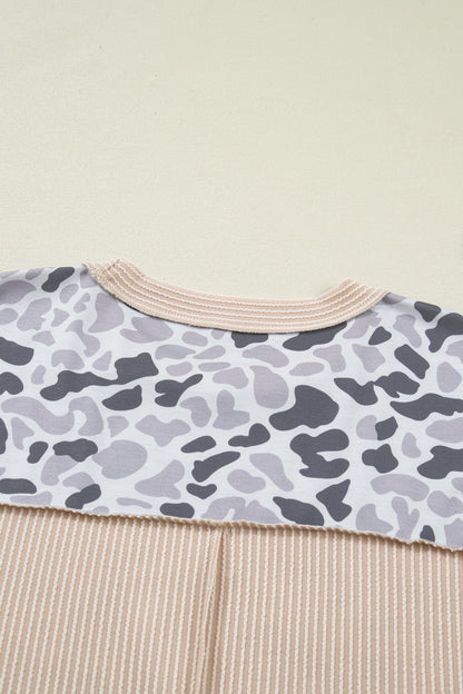 Gray Camouflage Print Twisted Ribbed Patchwork Casual T Shirt - Snoopy's Closet