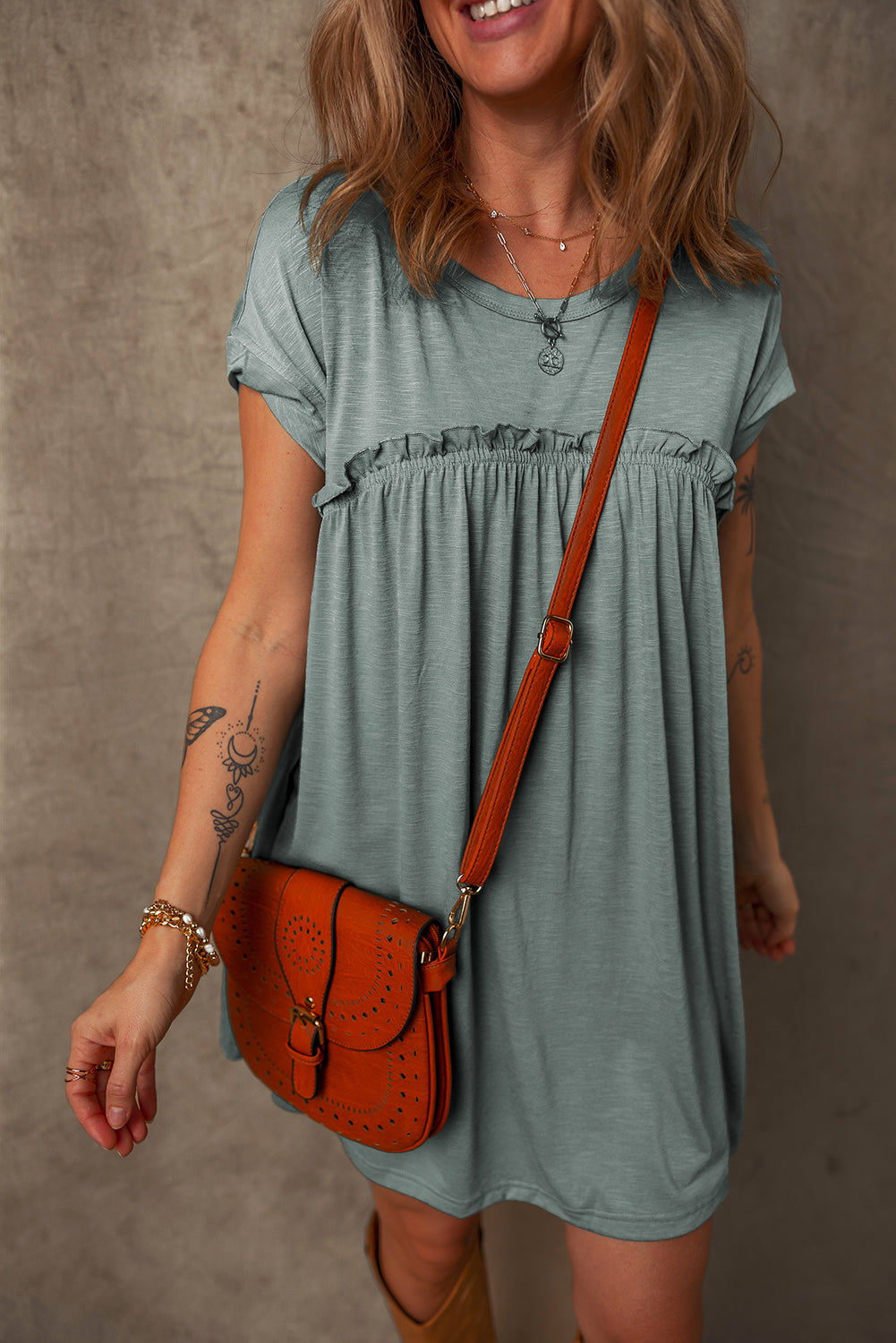 Mist Green Frilled Gathered Seam Round Neck T Shirt Dress - Snoopy's Closet