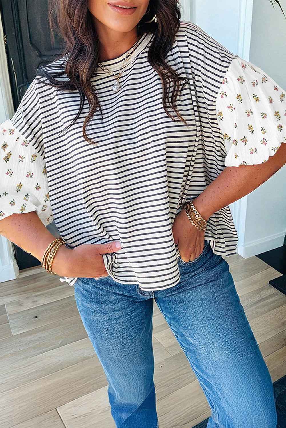 Red Stripe Floral Puff Sleeve Patchwork Round Neck Loose Top