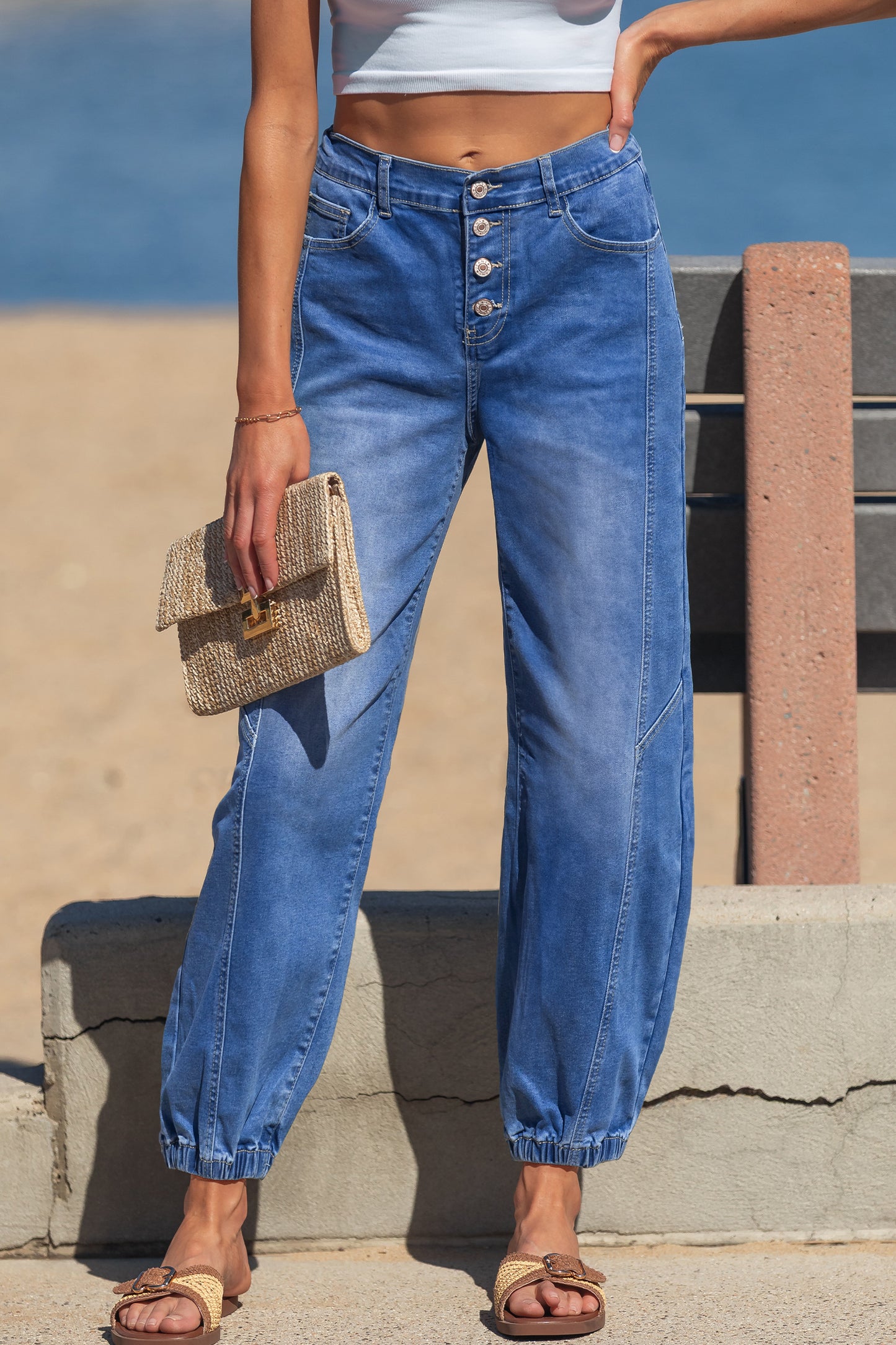 Blue 4 Buttons Front Tapered Casual Loose Fit Jeans - Snoopy's Closet