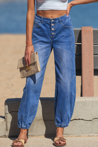 Blue 4 Buttons Front Tapered Casual Loose Fit Jeans - Snoopy's Closet