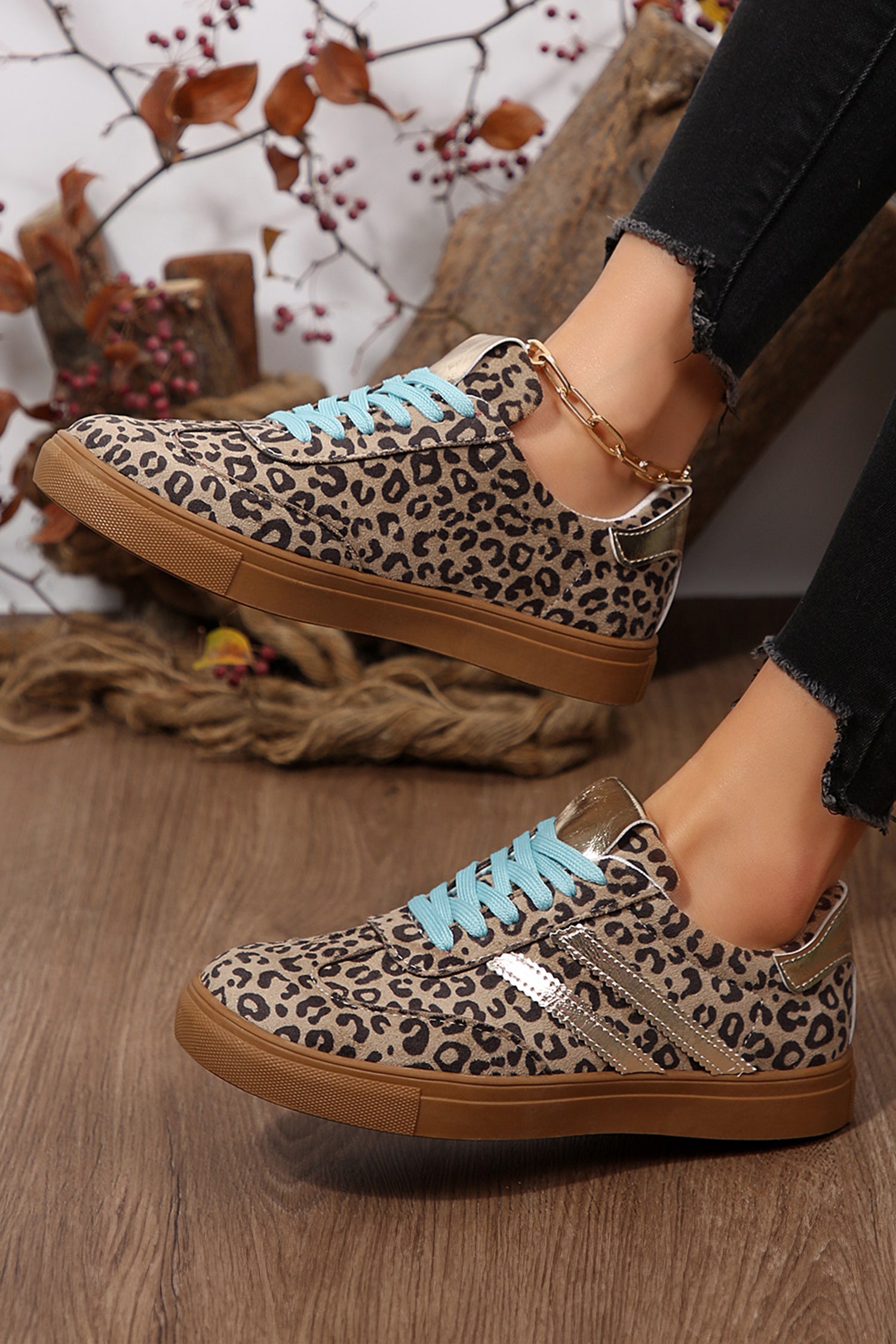 Coffee Faux Suede Leopard Print Sleek PU Leather Detail Lace Up Sneakers - Snoopy's Closet