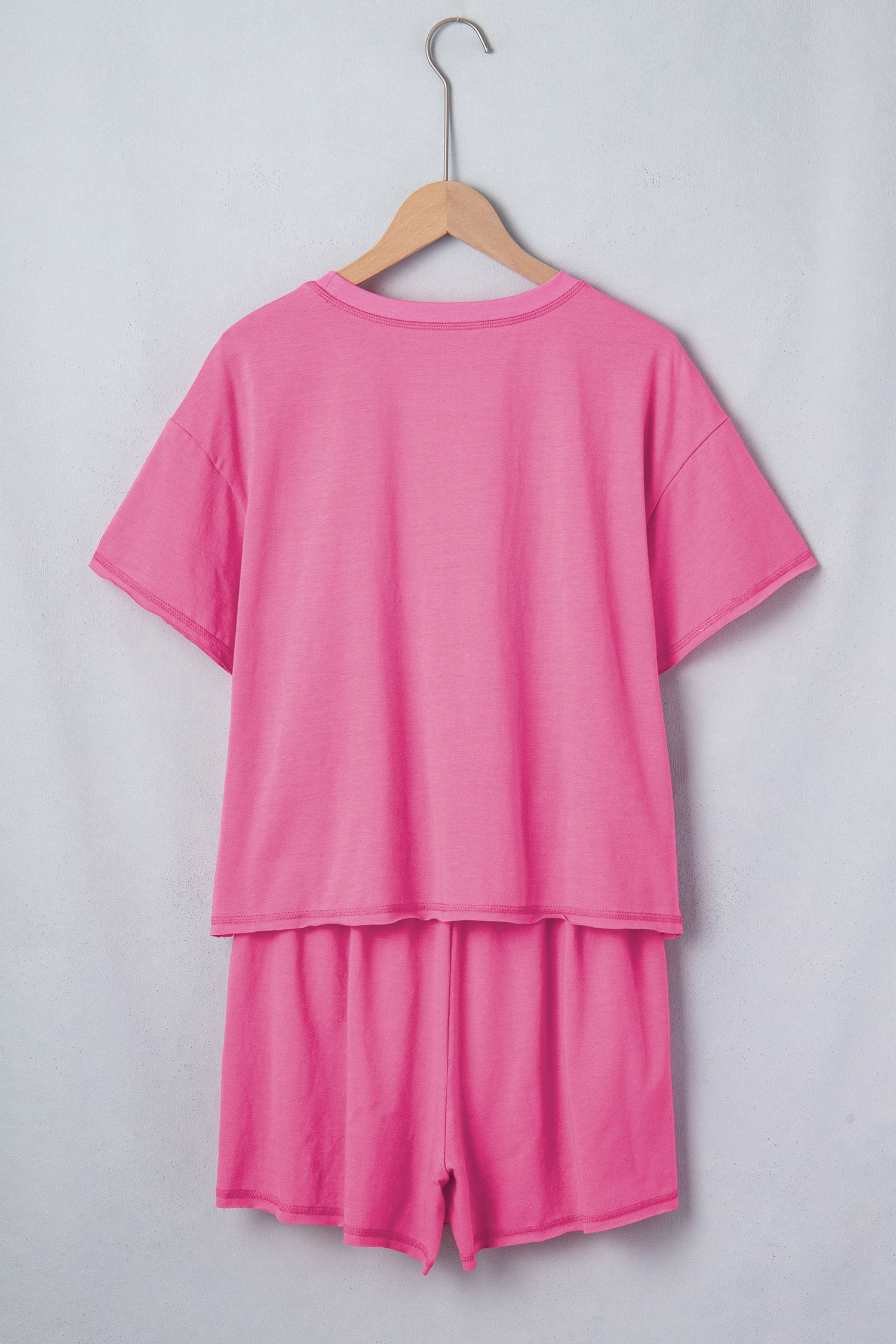 Bright Pink Seam Detail Raw Edge Tee Rainbow Waistband Casual Short Set - Snoopy's Closet