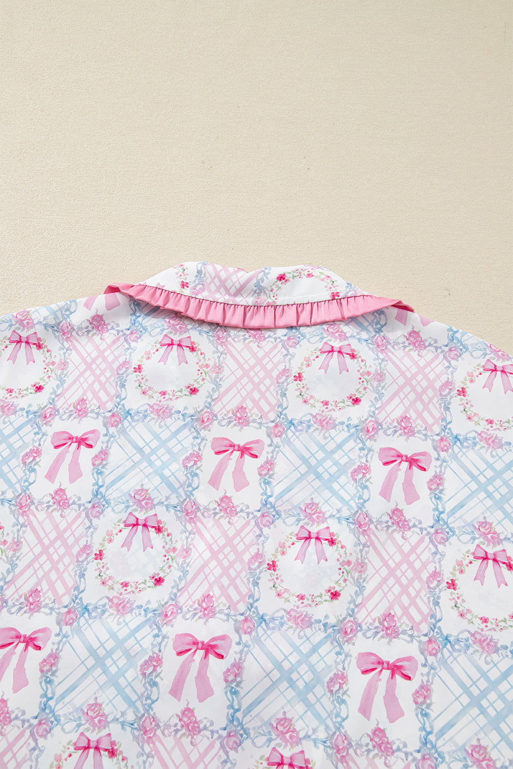 Pink Bow Wreath Pattern Christmas Holiday Tied Front Long Sleeve 2pcs Pajama Set - Snoopy's Closet