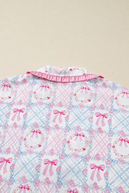Pink Bow Wreath Pattern Christmas Holiday Tied Front Long Sleeve 2pcs Pajama Set - Snoopy's Closet