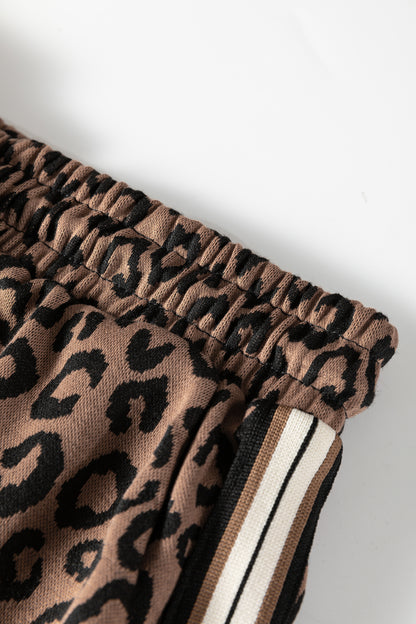 Khaki Leopard Print Quarter Zip Long Sleeve Top Mini Skirt Set - Snoopy's Closet