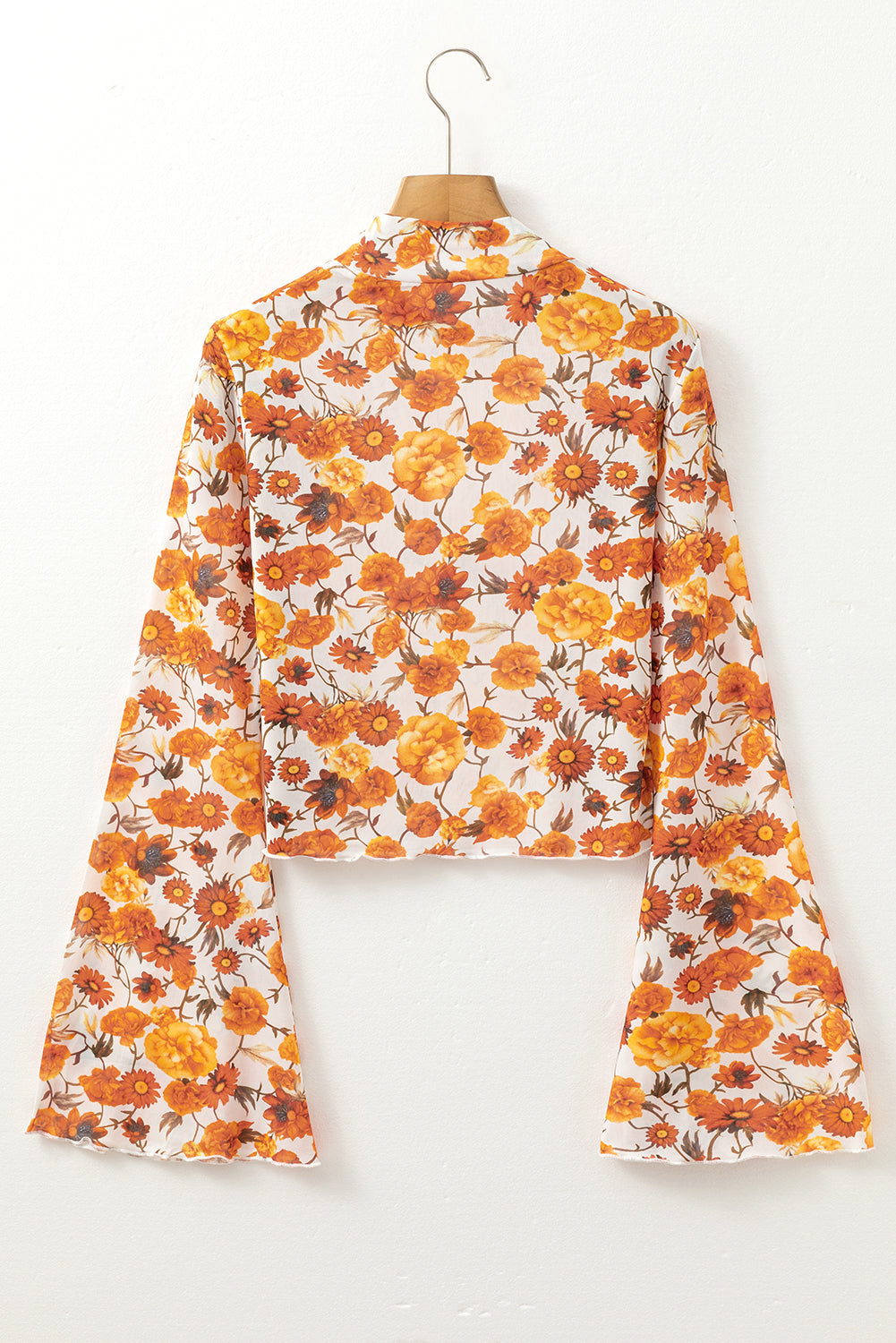 Orange Floral Printed Bell Sleeve Mock Neck Scallop Trim Blouse - Snoopy's Closet
