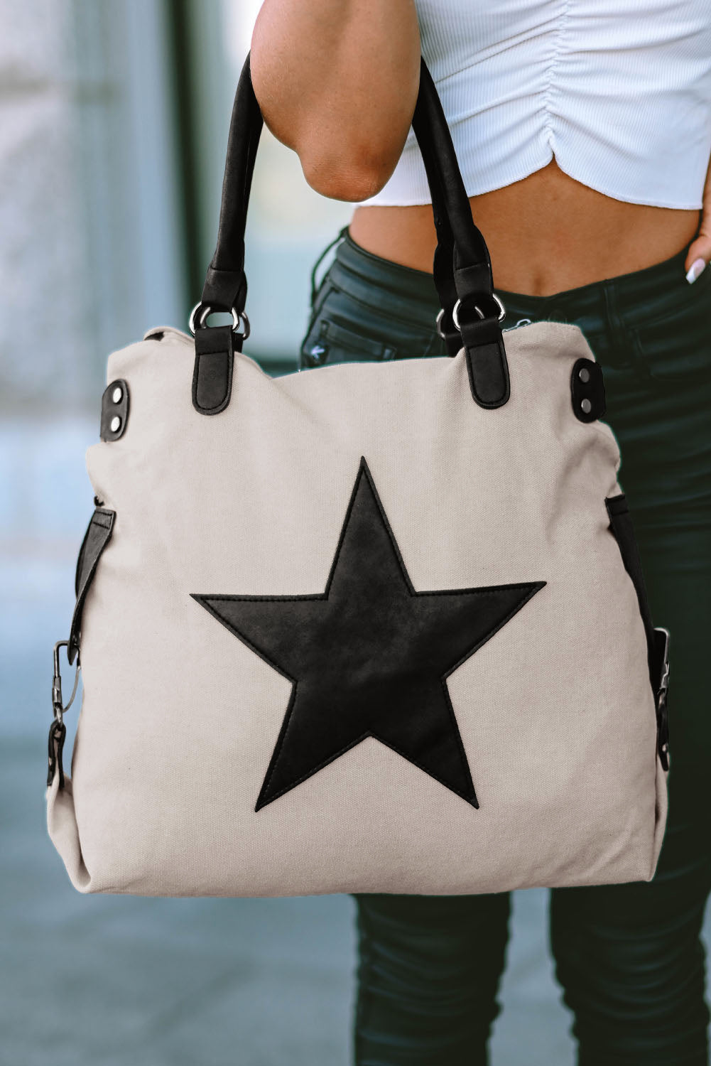Beige Casual Five-pointed Star Canvas Tote Bag - Snoopy's Closet