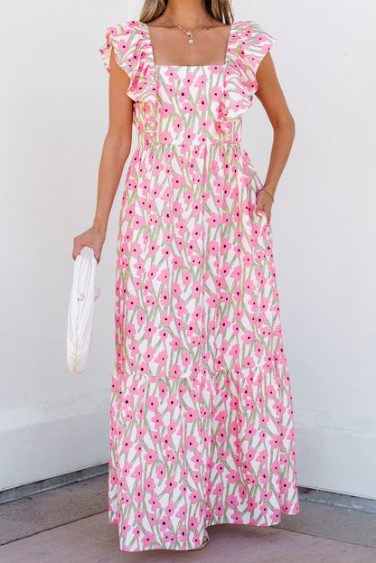 Vestido largo con estampado floral rosa, escote cuadrado y tirantes con volantes