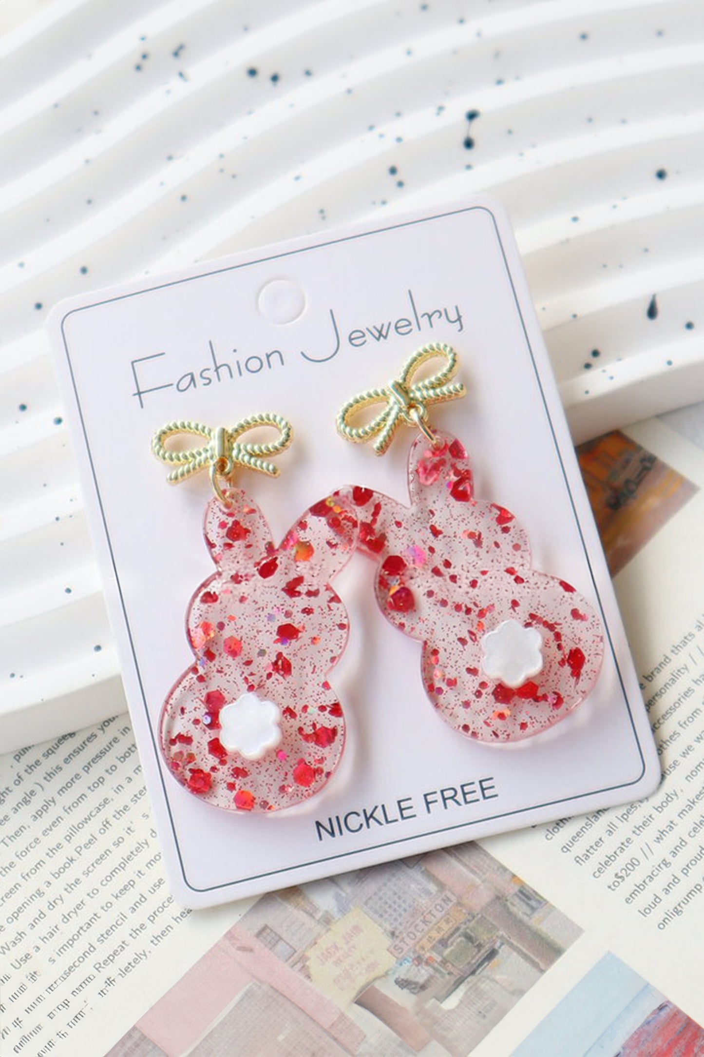 Fiery Red Clear Easter Bunny Bowknot Studded Earrings - Snoopy's Closet